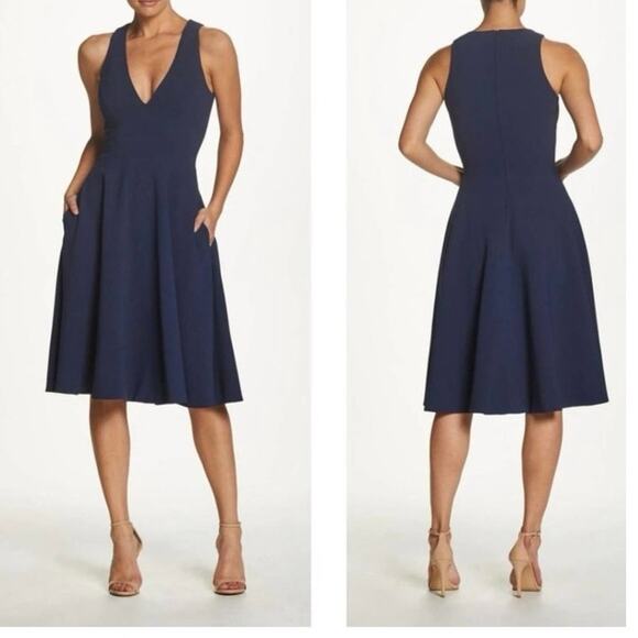 NWT Dress The Population Women's Blue Fit & Flare Catalina Dress Size Large - Picture 1 of 12